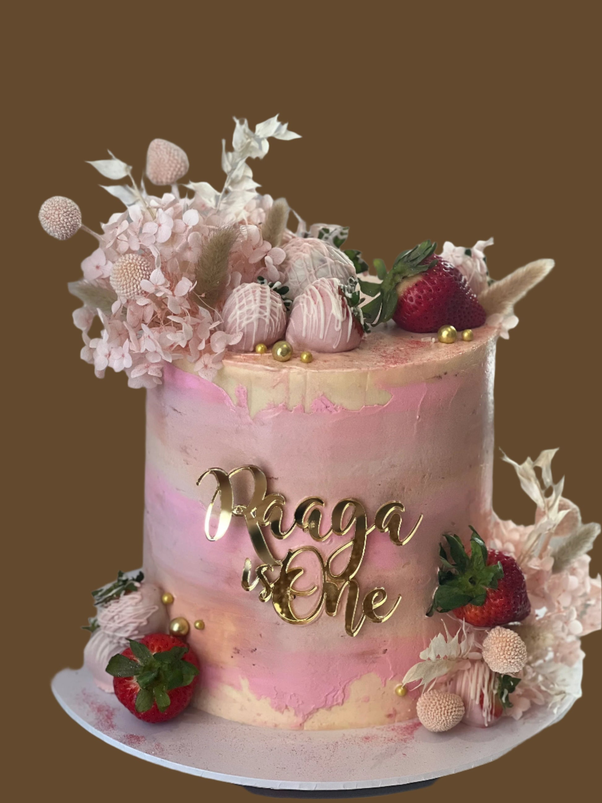 Elegant Floral Birthday Cake with Strawberries - 2KG Custom Vanilla & Strawberry Buttercream