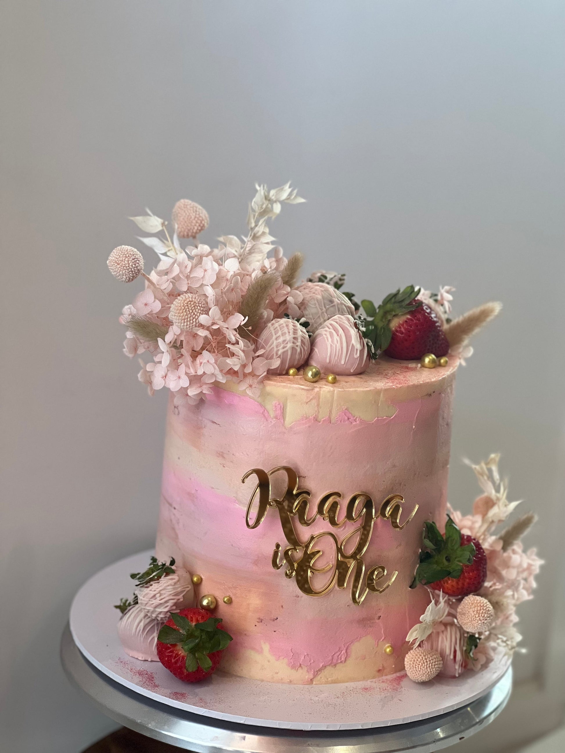 Elegant Floral Birthday Cake with Strawberries - 2KG Custom Vanilla & Strawberry Buttercream